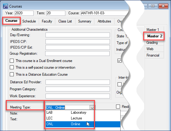 Courses window, Course tab, Master 2 subtab in J1 Desktop showing the Meeting Type drop-down