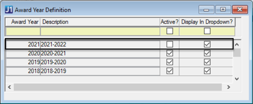 Award Year Definition window.