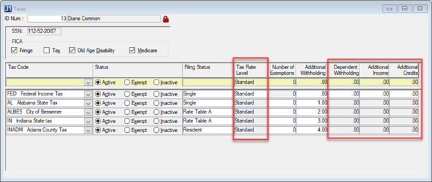 Taxes window with columns selected.