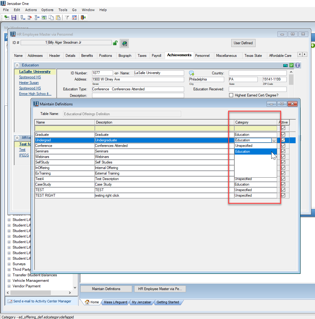 Maintain Definitions window with Category column selected.