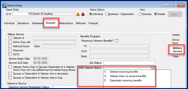 Name Entity window, Biograph tab, Military Service tab, NSC Veteran Status box.