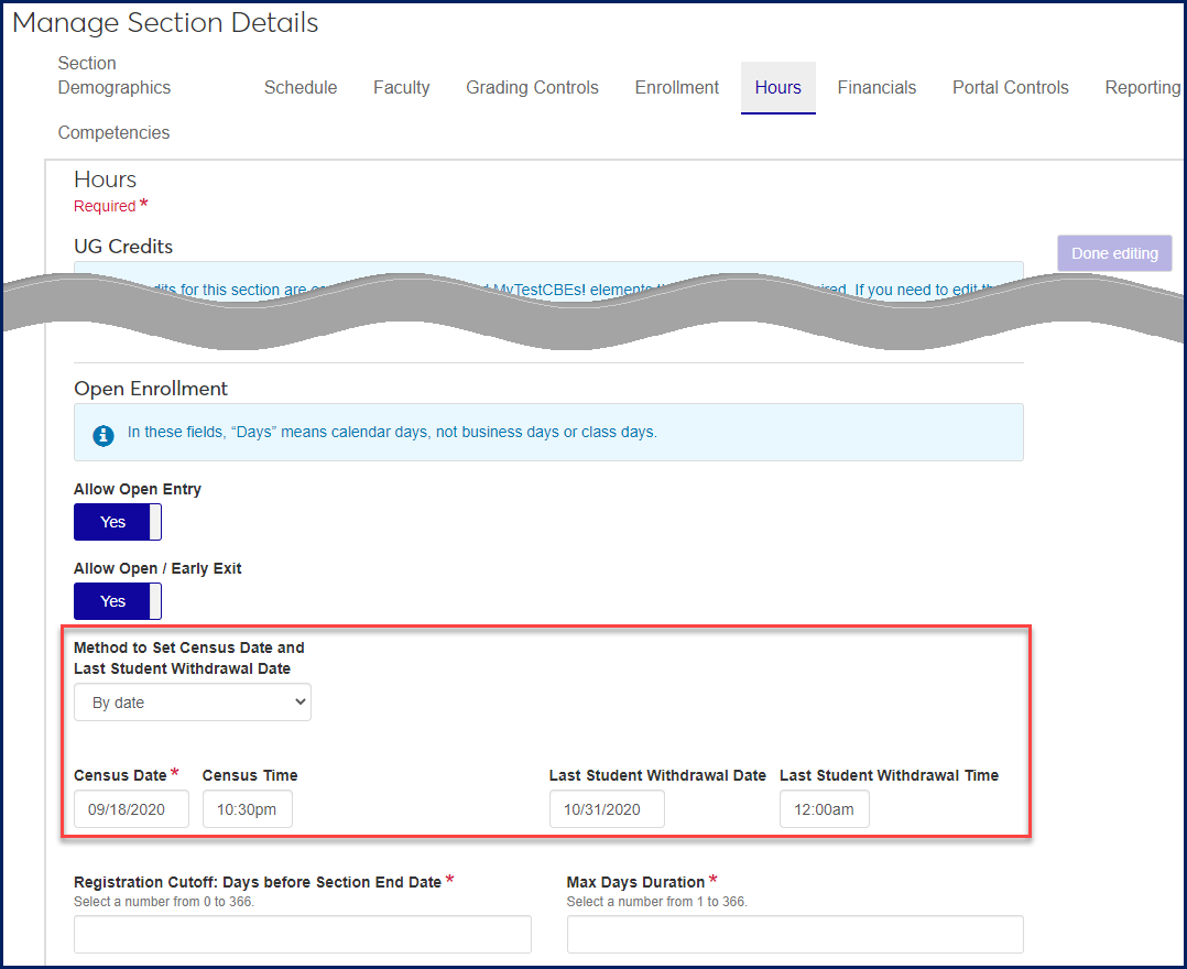 Manage Section Details page, Hours tab, Open Enrollment section with dates.