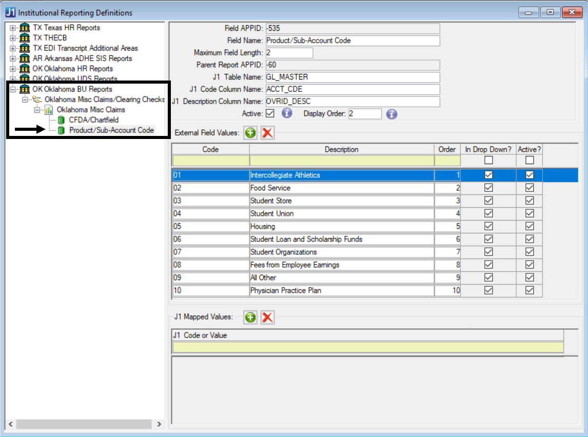 Institutional Reporting Definition window. OK Oklahoma BU Reports, Oklahoma Misc Claims expanded options, Product/Sub-account code.