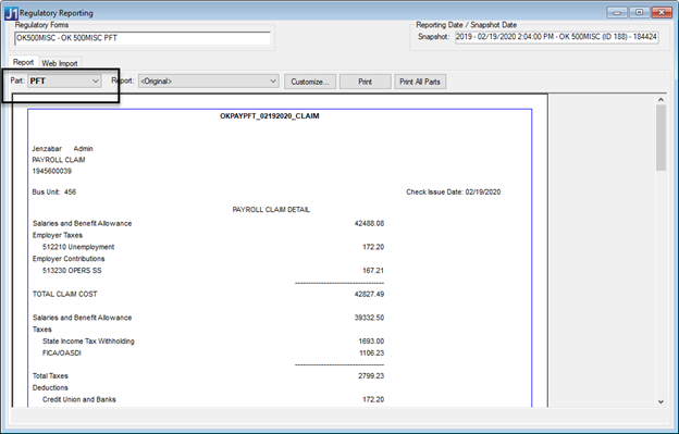 Regulatory Reporting window, PFT report.